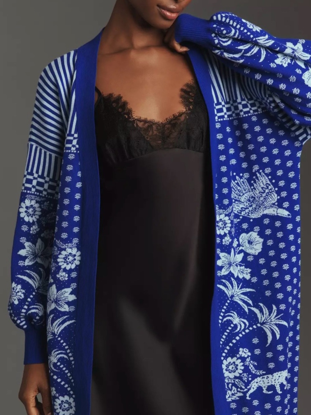 FARM Rio Royal Blue and White Floral Longline Cardigan